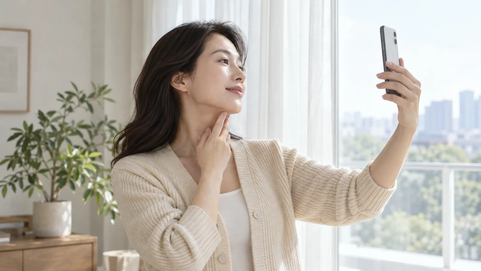 창가에서 휴대폰을 들고 손가락으로 턱선을 짚으며 옆모습을 비춰 보는 여성