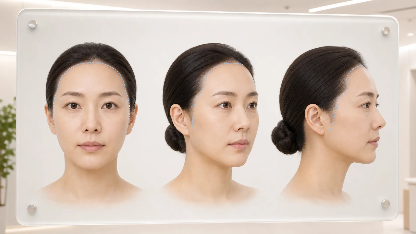 정면과 45도, 측면에서 이마와 눈썹뼈, 관자 윤곽을 비교하는 상담 자료