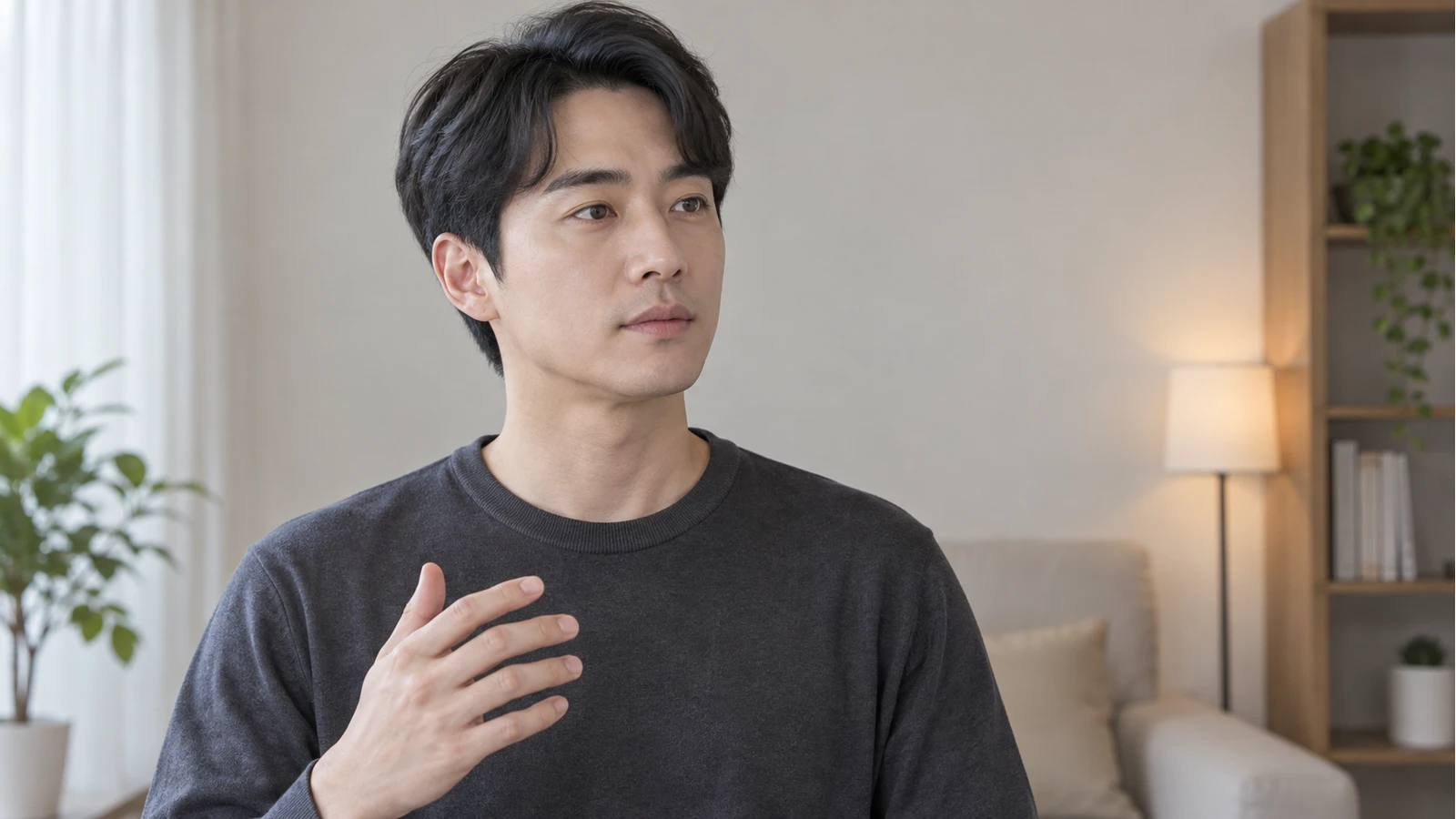 짙은 회색 상의를 입은 성인이 한 손을 얼굴과 떨어진 가슴 높이에 둔 모습