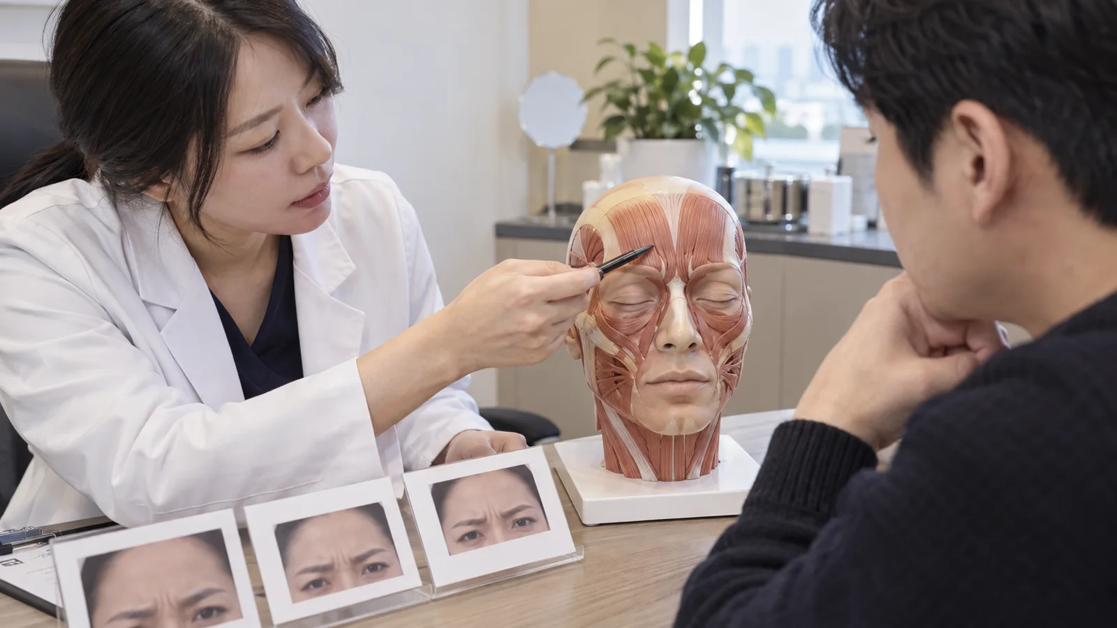 눈썹 주변 근육 모형과 안경을 놓은 진료실 교육용 책상