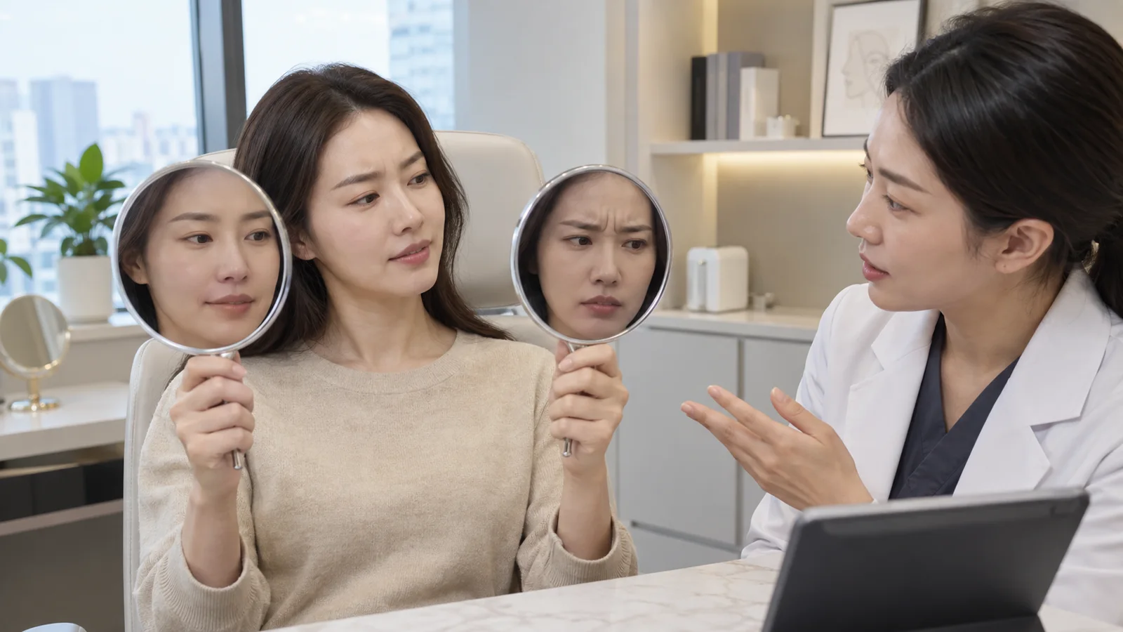 편안한 표정과 찡그린 표정을 거울로 비교하는 모습