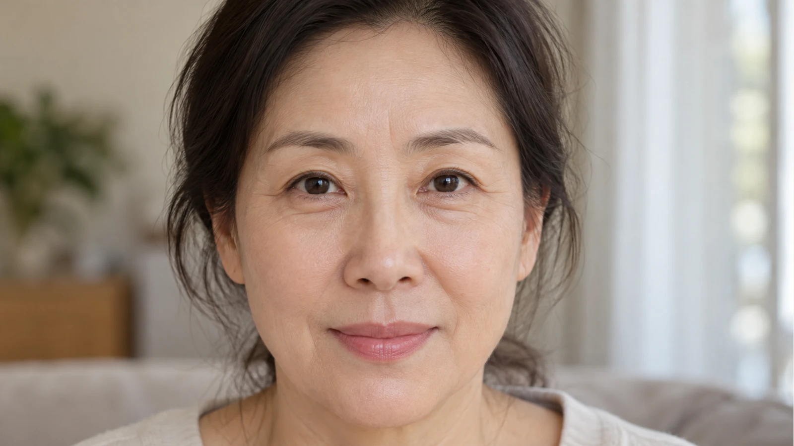 눈썹과 미간에 힘을 주지 않고 정면을 보는 여성의 얼굴과 잔주름