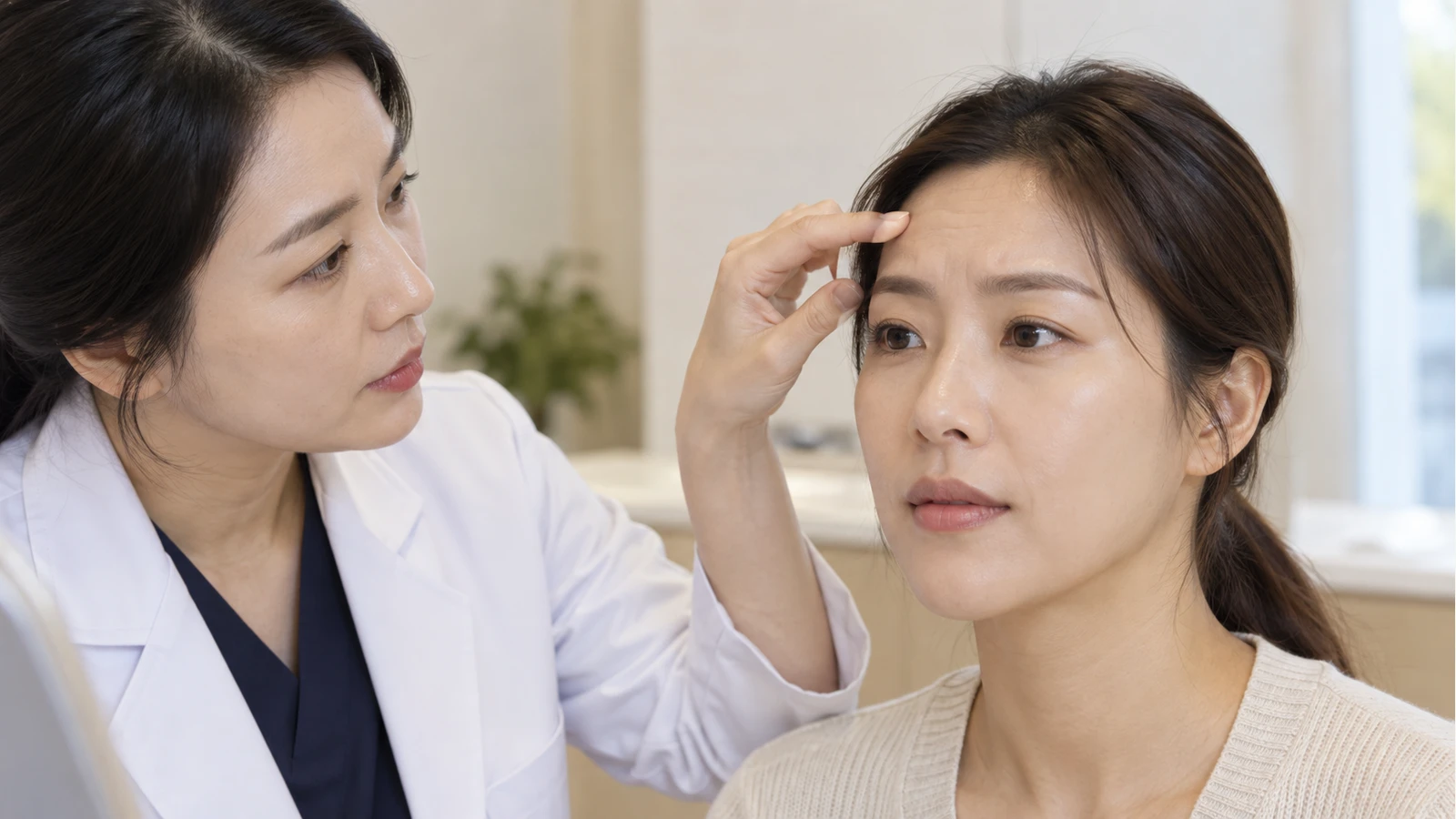 의료진 역할의 여성이 고객의 이마에 손끝을 가볍게 대고 눈을 뜬 상태를 살피는 모습