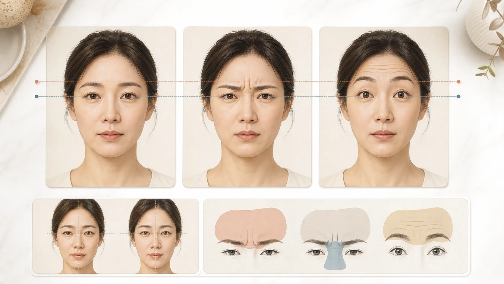 안정 시와 찡그릴 때, 눈썹을 올릴 때의 미간선과 눈썹 높이를 나누어 기록한 상담 지도