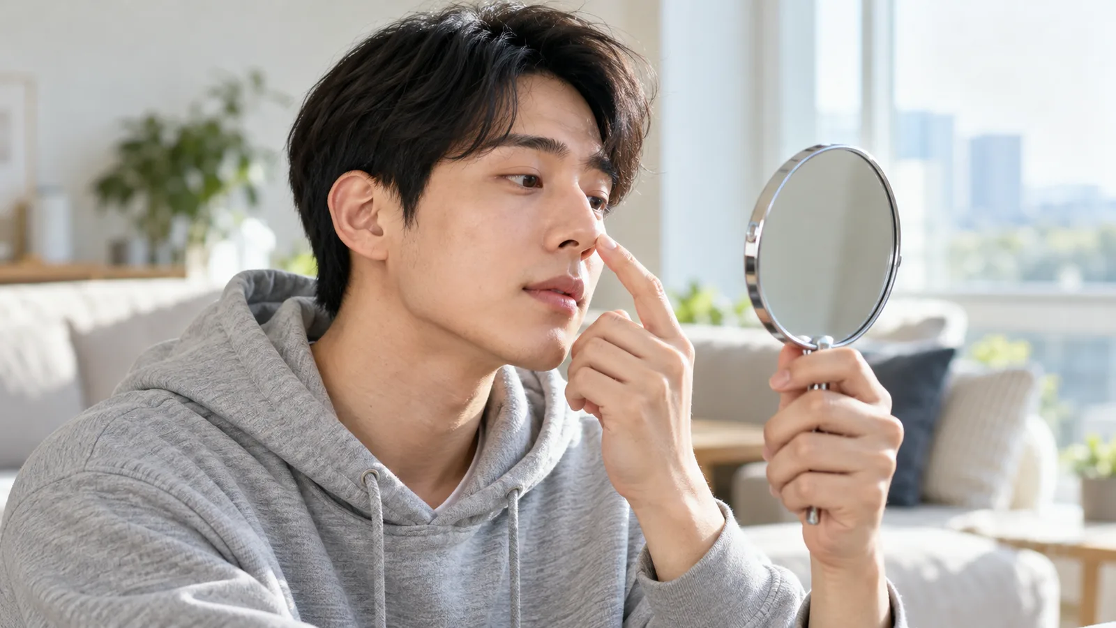 거실에서 손거울을 들고 검지로 콧방울 옆을 살펴보는 남성