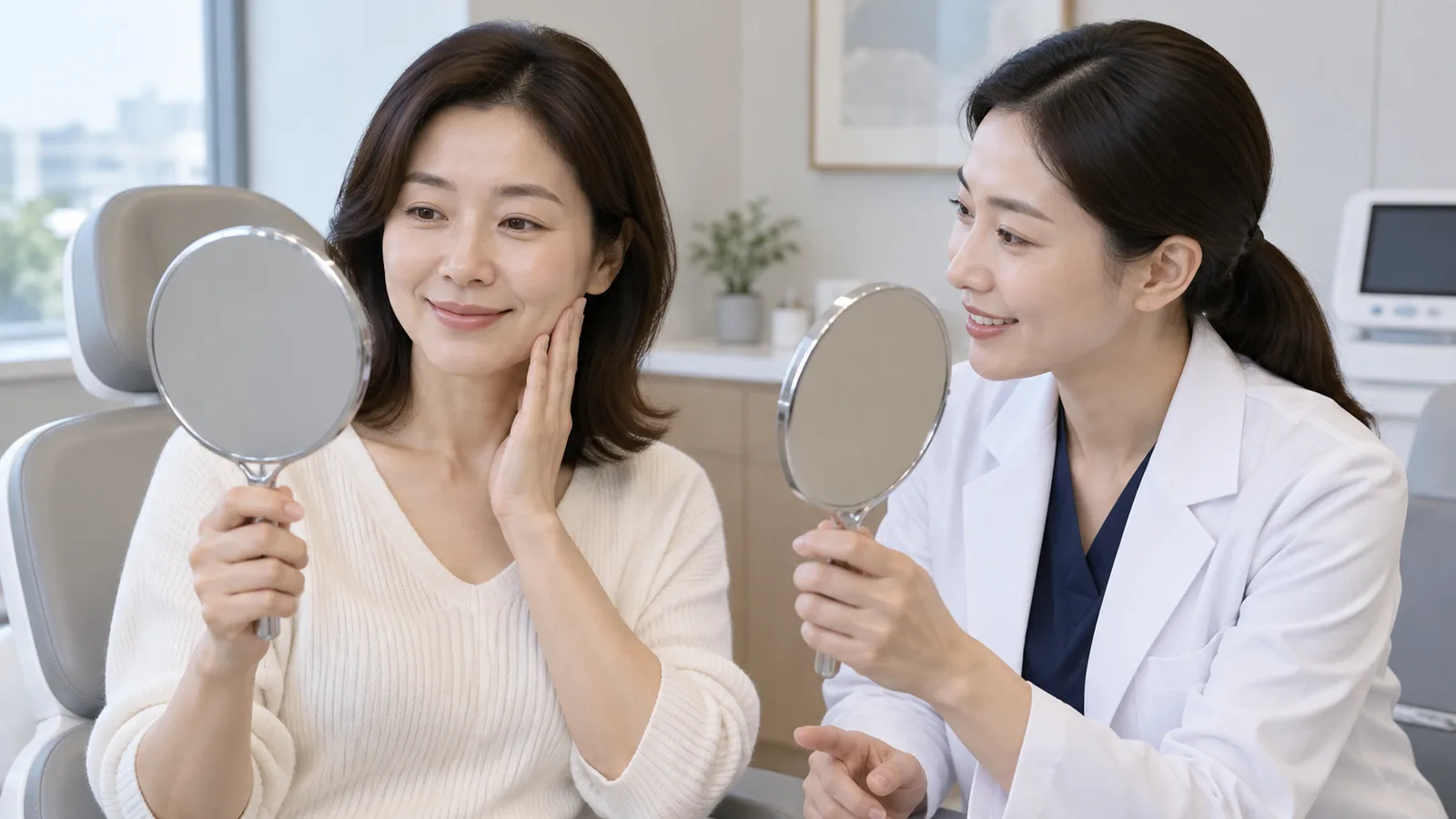 편안한 표정과 미소에서 달라지는 얼굴 윤곽을 거울로 비교하는 상담 장면