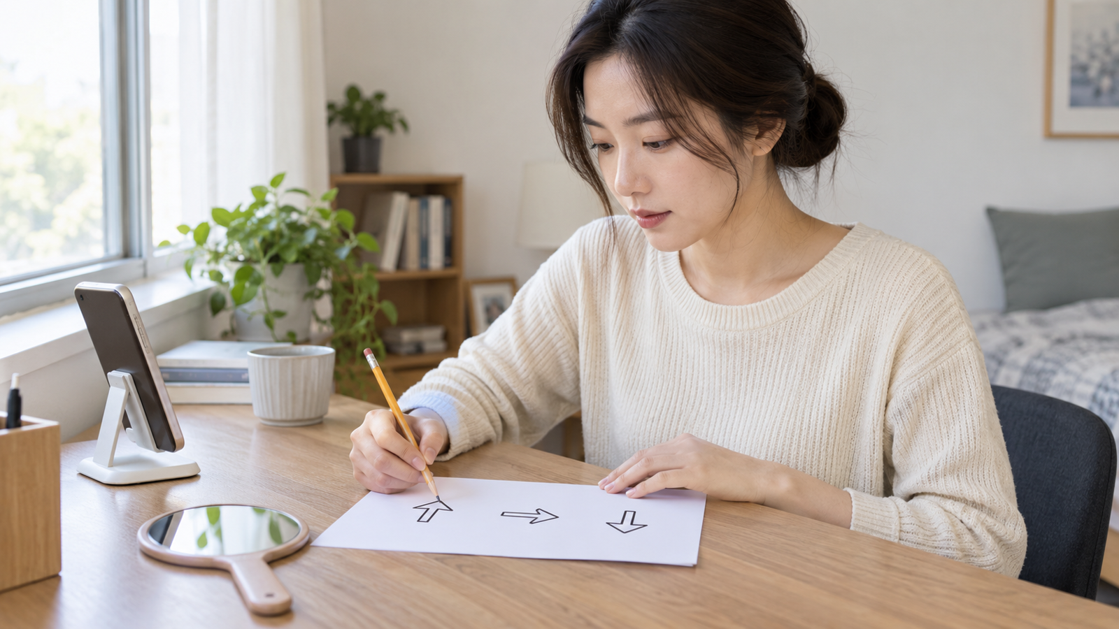 휴대전화와 손거울 옆에서 위·옆·아래 화살표를 종이에 그리는 성인 여성