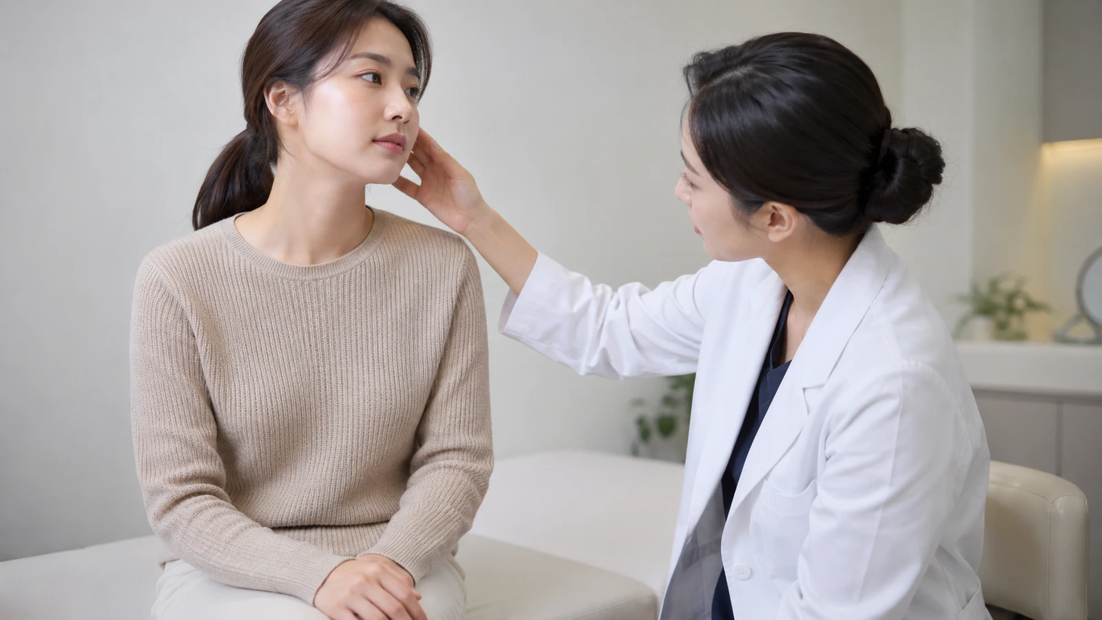 흰 가운 인물이 손을 얼굴 옆에 가볍게 댄 채 고개를 돌린 성인의 피부를 살피는 모습