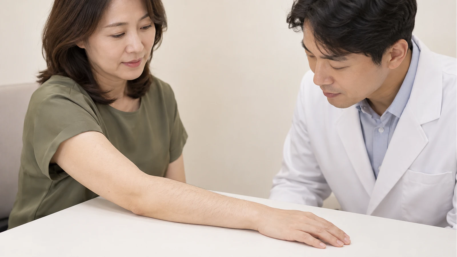 팔을 책상에 놓은 여성과 접촉 없이 팔의 털 분포를 살피는 의료진 역할 인물