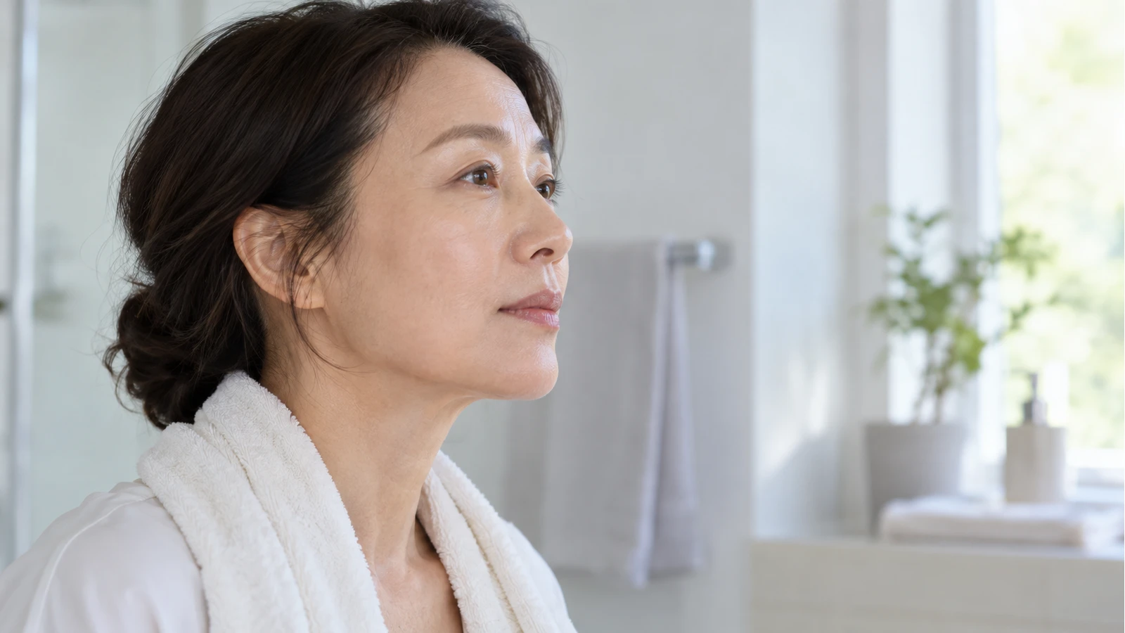 밝은 세면 공간에서 목에 수건을 두르고 볼과 턱을 드러낸 여성의 옆모습