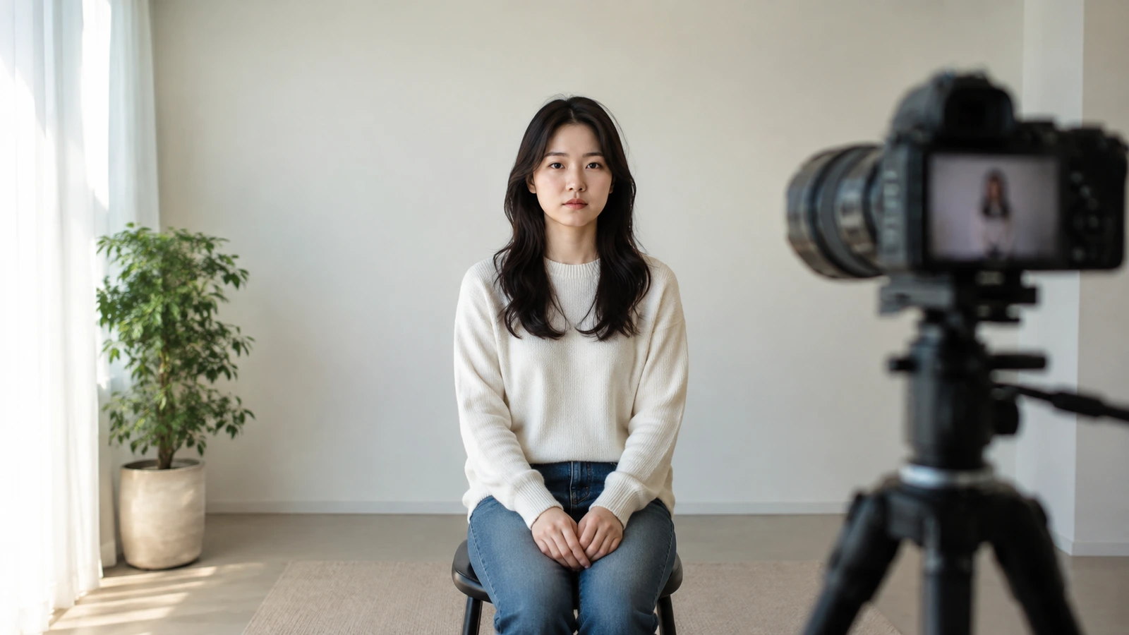 삼각대에 고정된 카메라 앞에 앉아 정면을 바라보는 여성