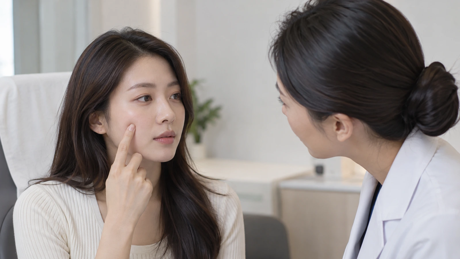한쪽 볼에 검지를 대어 위치를 가리키는 여성과 가까이에서 살펴보는 의료진 역할의 여성