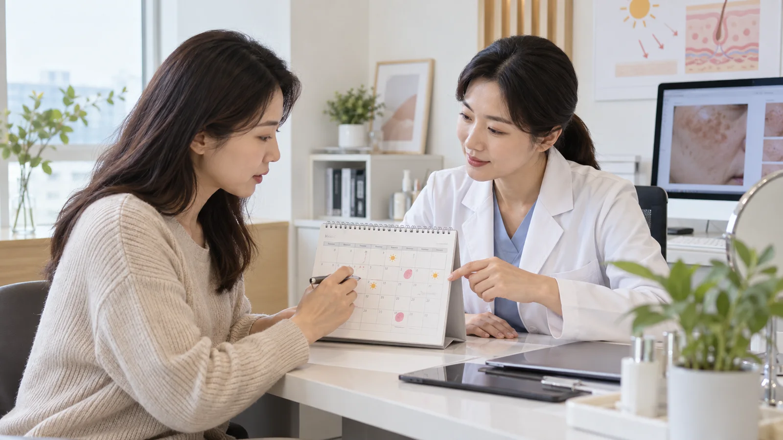 햇빛 노출과 피부 자극 날짜를 빈 달력에 기록하는 모습