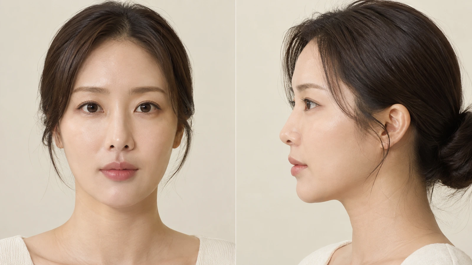 같은 여성의 얼굴 정면과 측면을 나란히 배치한 사진