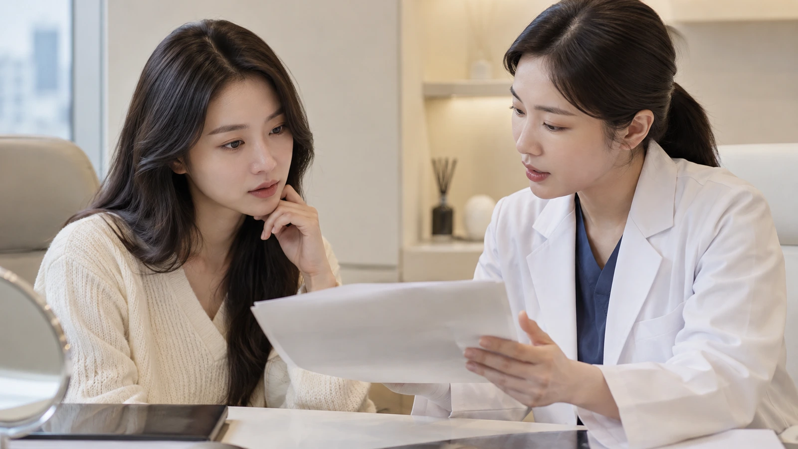 여성과 흰 가운을 입은 여성이 내용이 보이지 않는 종이를 함께 살펴보는 모습