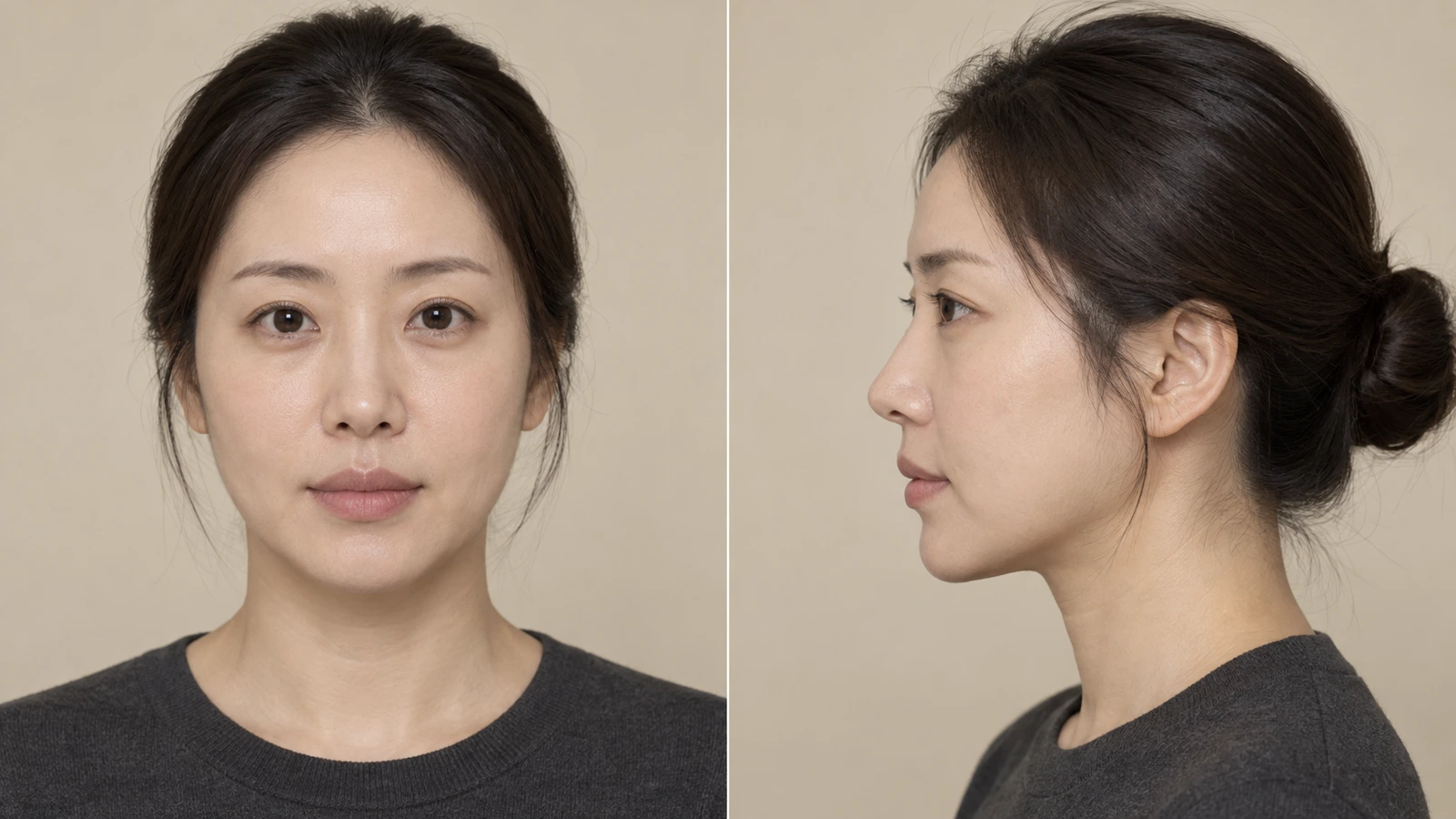 회색 상의를 입고 머리를 묶은 여성의 정면과 옆모습을 나란히 배치한 사진