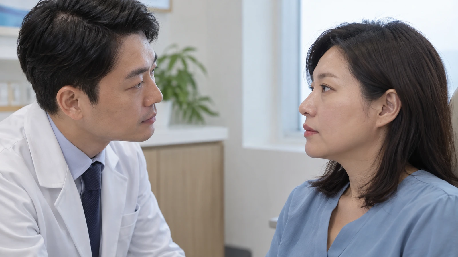 흰 가운을 입은 남성이 파란 상의를 입은 여성과 가까이 마주 앉아 얼굴을 살피는 모습