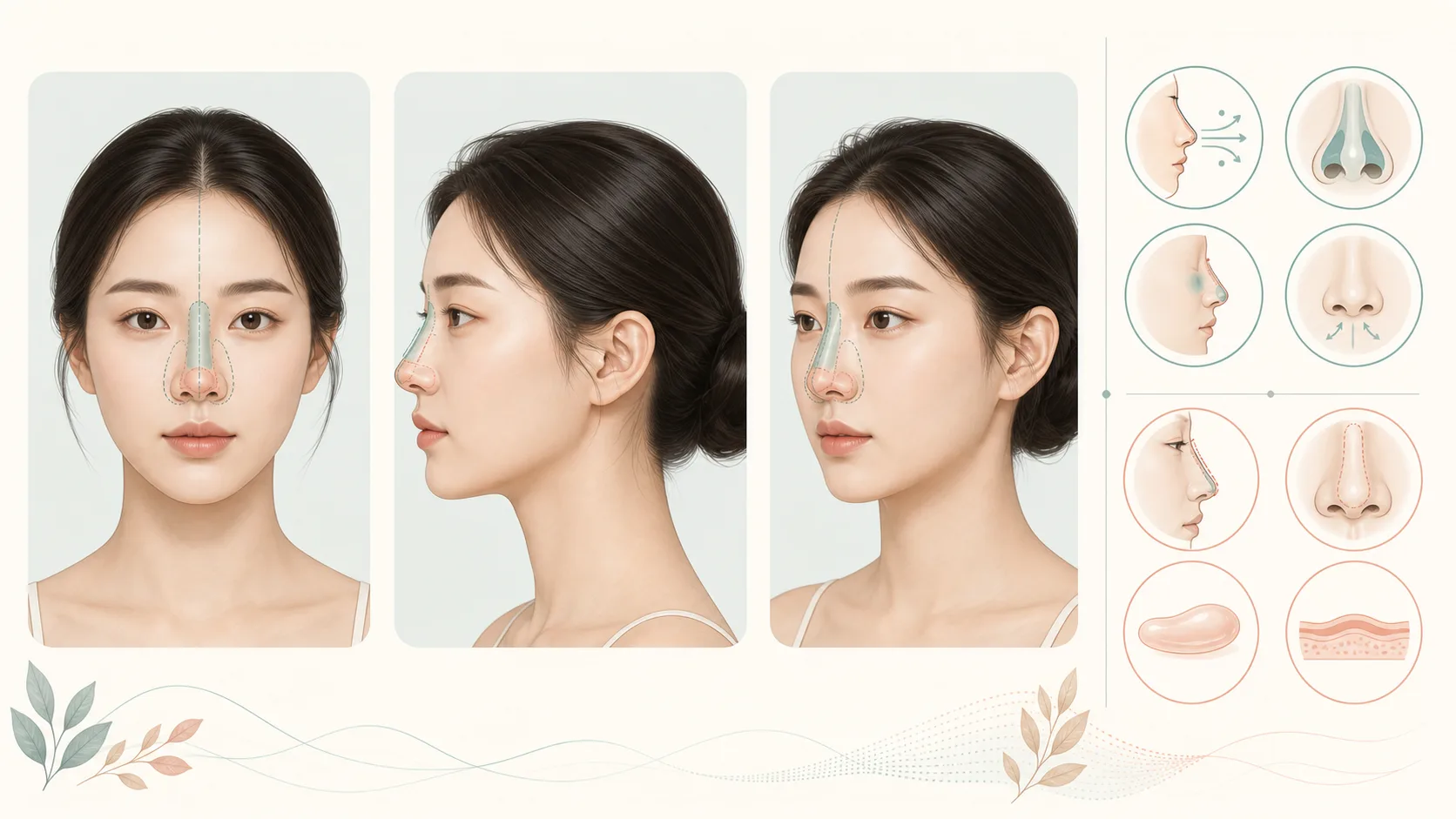 정면과 측면, 사면에서 콧대·코끝의 외형 목표와 코막힘 같은 기능 증상을 분리해 기록한 상담 지도