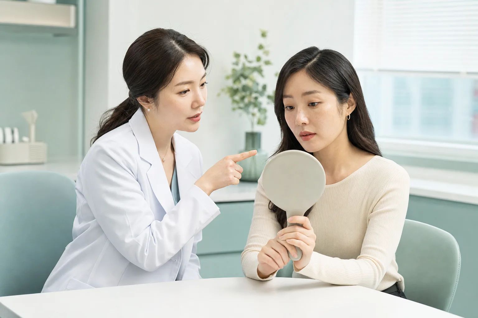 색소 병변의 유형을 살피며 상담하는 모습