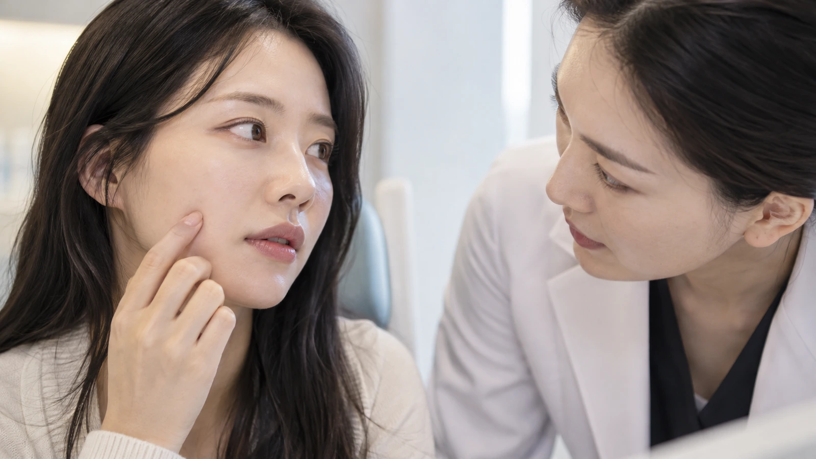 검지를 한쪽 볼에 대는 여성과 가까이에서 그 부위를 살펴보는 의료진 역할의 여성