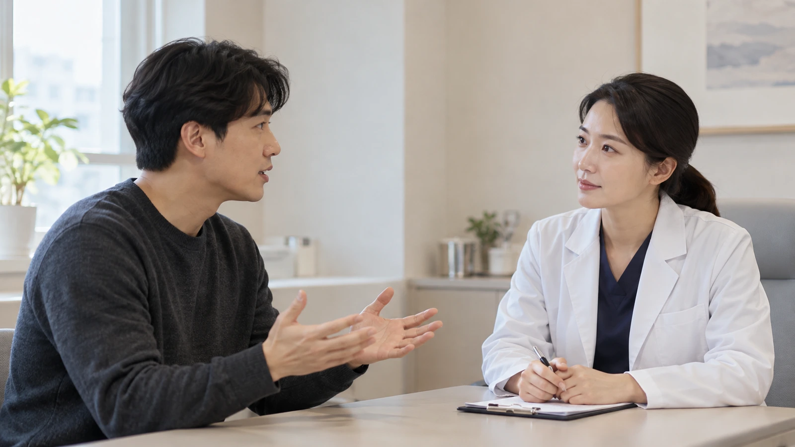 진료 테이블에서 양손으로 손짓하며 이야기하는 남성과 펜을 들고 듣는 의료진 역할의 여성