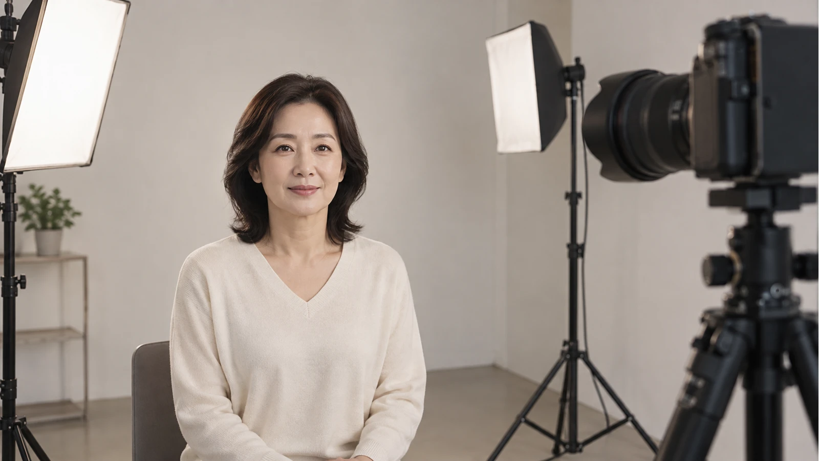 고정 카메라와 양쪽 촬영 조명 앞에 앉아 얼굴 기록을 준비하는 여성