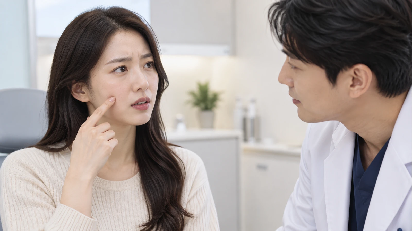 의료진 역할 인물을 바라보며 검지 끝으로 볼의 한 부위를 가리키는 여성