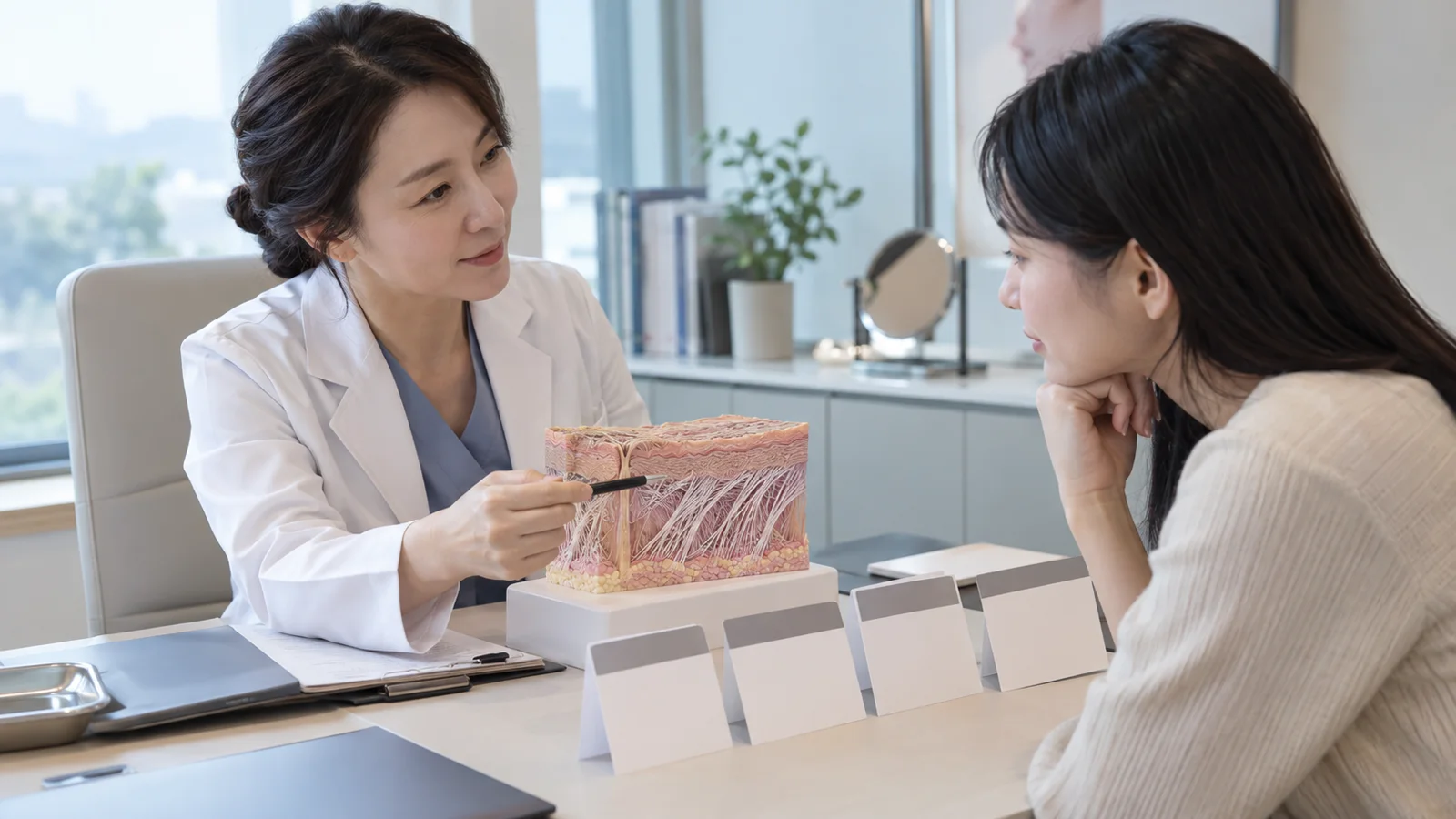 콜라겐 섬유 모형과 빈 월별 사진 카드를 놓은 책상