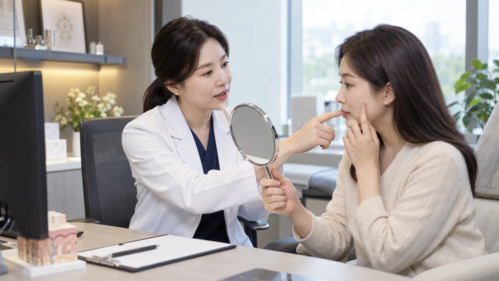 손거울과 경과 카드를 보며 결절 확인 시점을 설명하는 모습