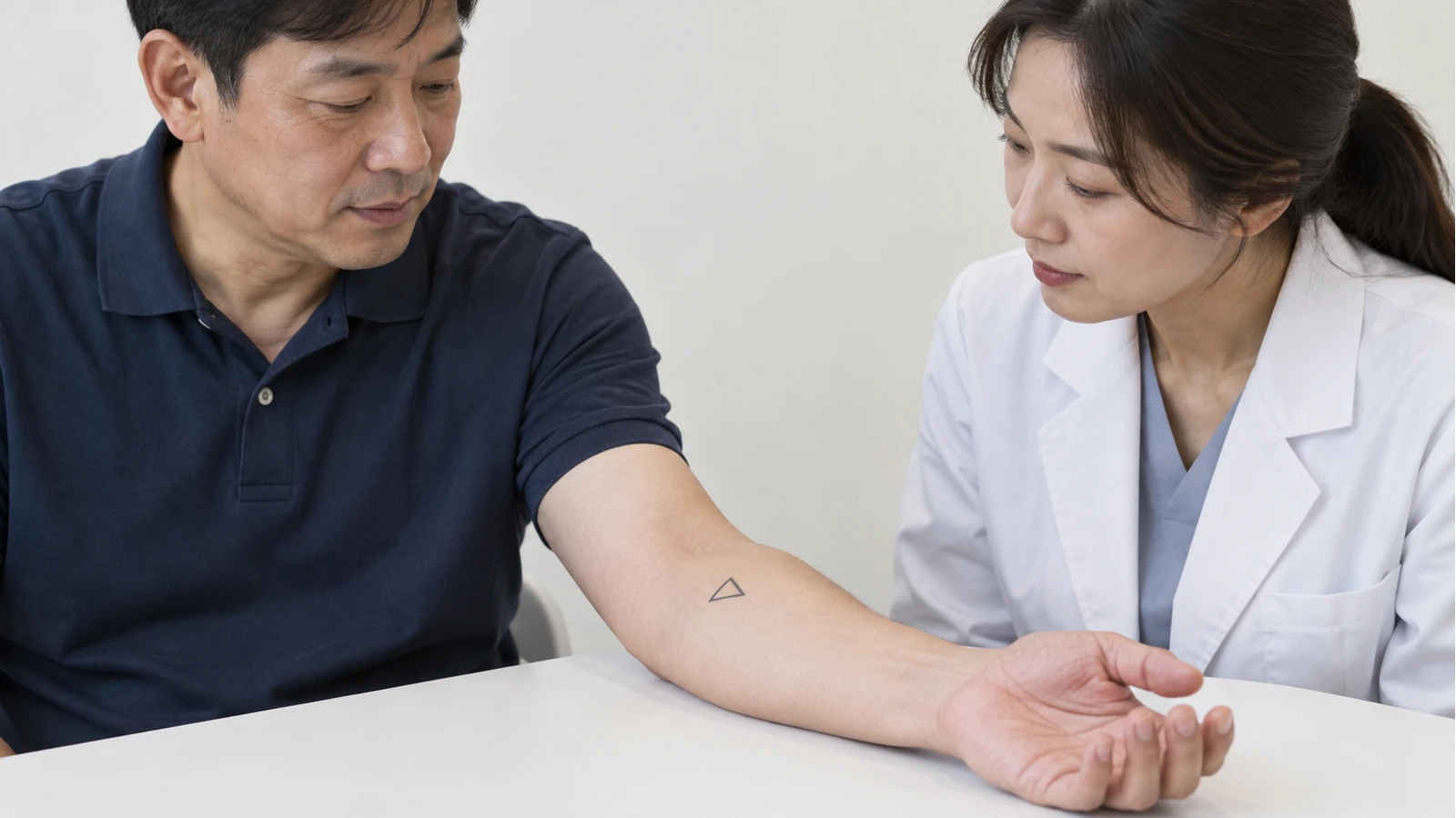 작은 삼각형 문신이 있는 남성의 팔을 접촉 없이 살피는 의료진 역할 인물