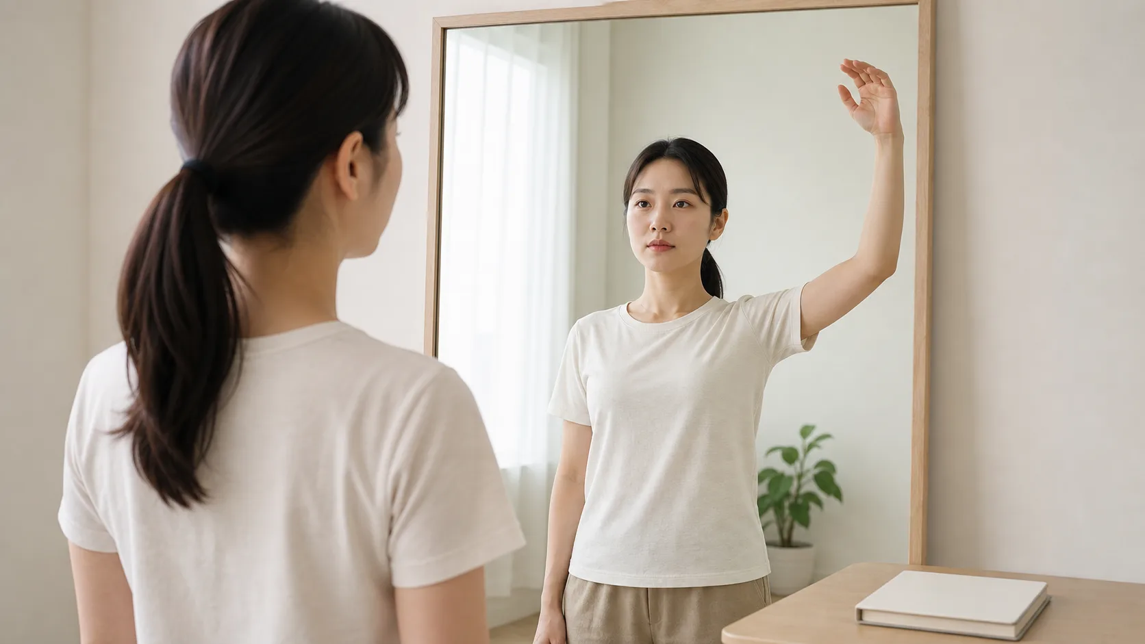 휴식 상태와 팔을 움직일 때 양쪽 어깨 라인의 비대칭과 통증 위치를 관찰하는 모습