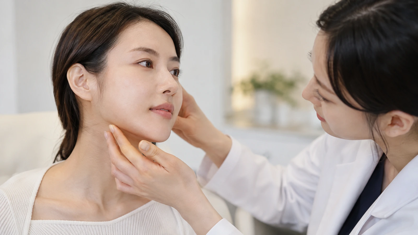 고개를 돌린 성인 여성의 턱과 얼굴 옆을 손으로 받치며 피부를 가까이 살피는 의료진