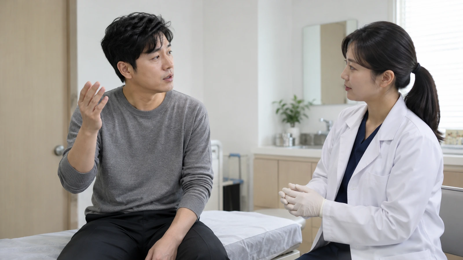 진료 침대에 앉은 성인 남성이 한 손을 들어 말하고 의료진이 두 손을 모은 채 듣는 모습