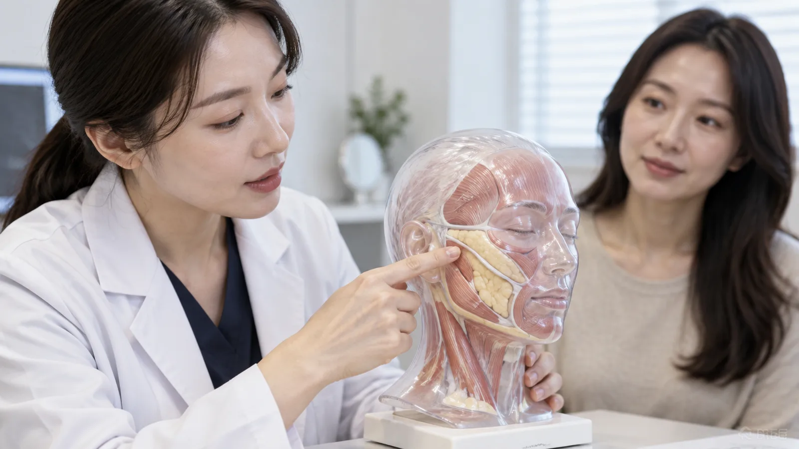 투명 얼굴 모형의 볼과 턱선 층을 가리키며 목표 깊이를 설명하는 모습