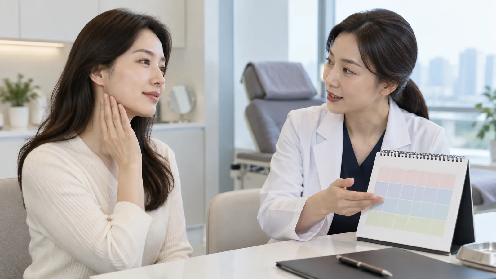 턱선을 만져보는 환자에게 회복 일정 카드를 설명하는 비시술 상담 장면