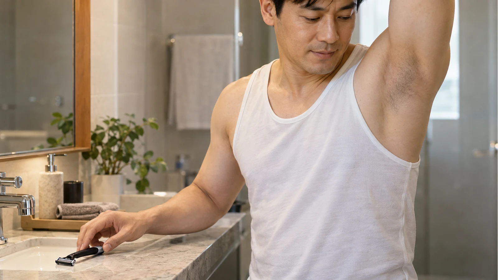 한쪽 팔을 든 남성이 세면대 옆에 놓인 면도기 손잡이에 손을 댄 모습