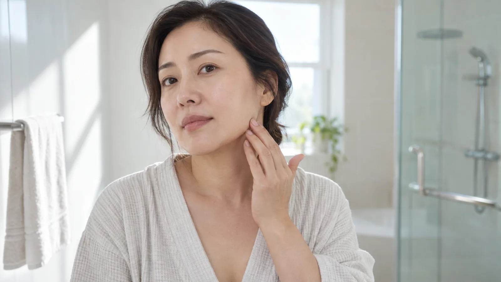 자연광이 드는 욕실에서 40대 여성이 정면을 바라보며 한 손 손끝으로 귀 아래 턱선과 볼 아래쪽을 짚어 살피고 있다.