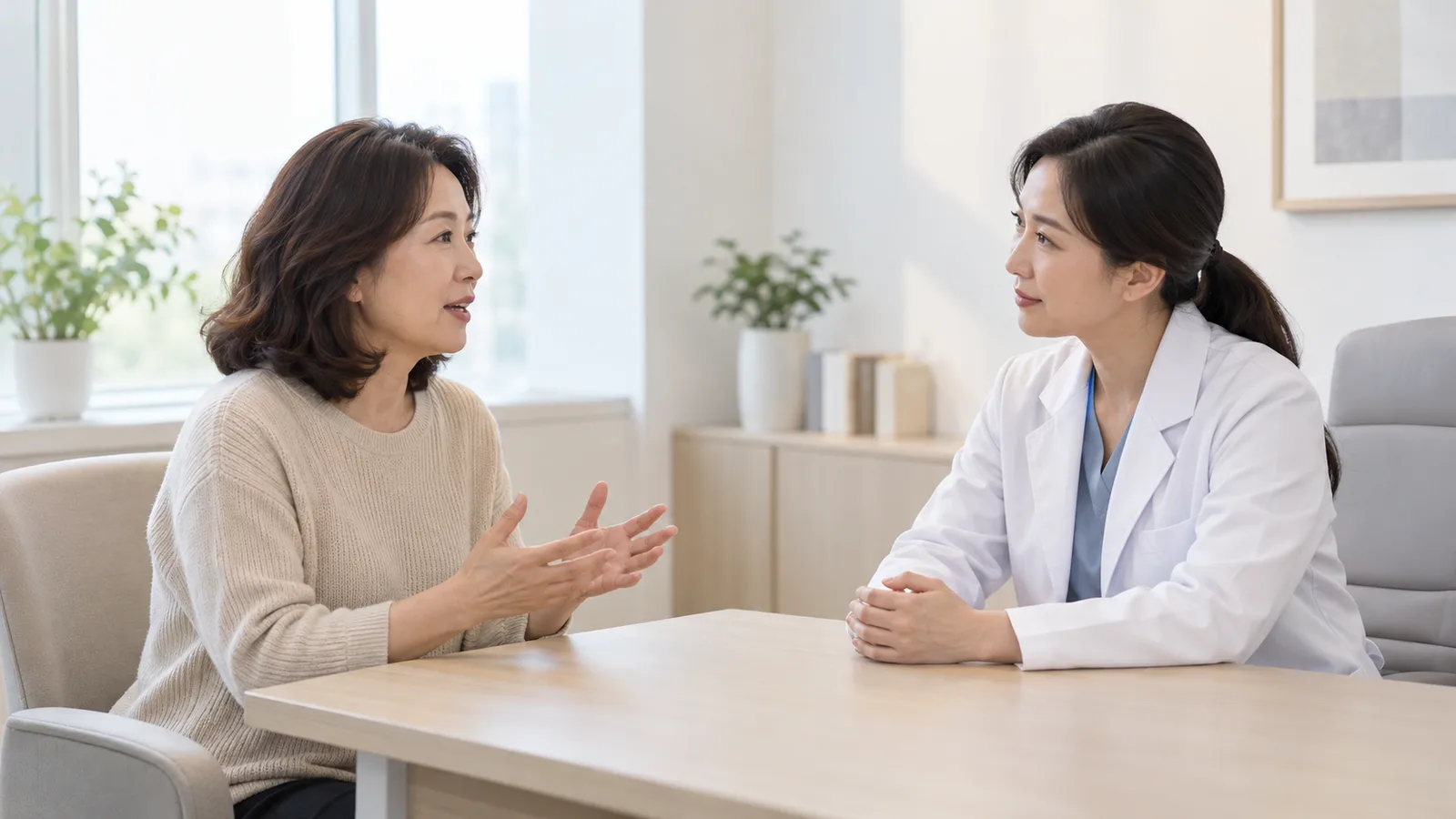 밝은 상담실 책상을 사이에 두고 50대 여성 고객이 손짓하며 이야기하고 흰 가운을 입은 의료진이 손을 모은 채 듣고 있다.