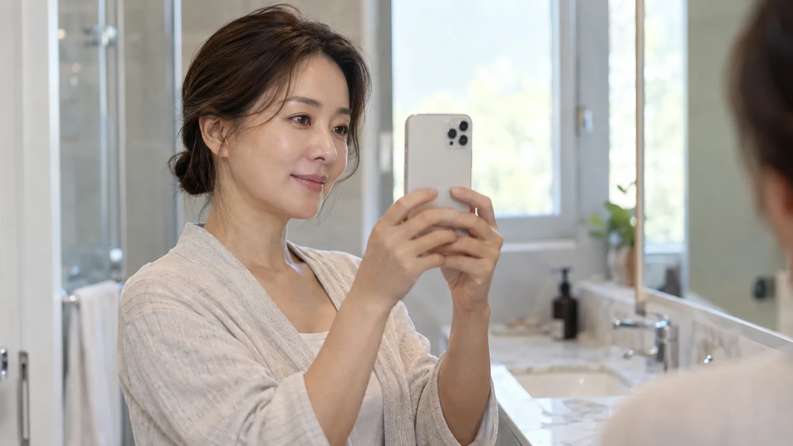 밝은 욕실 거울 앞에서 40대 여성이 두 손으로 휴대폰을 세워 들고 편안한 표정으로 거울 쪽을 향해 사진을 찍고 있습니다.