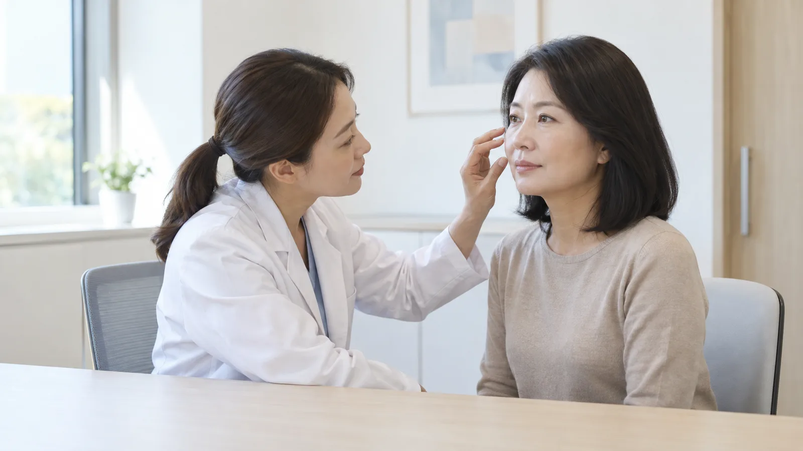 밝은 상담실에서 흰 가운을 입은 의료진이 마주 앉은 40대 여성 고객의 눈가와 볼 피부에 손을 대고 가까이 살펴보고 있다.