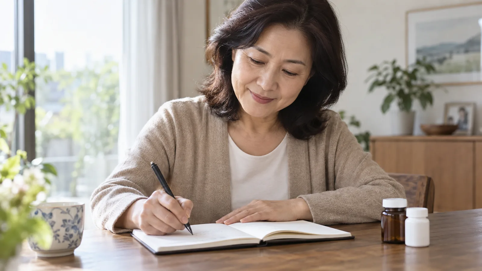50대 여성이 밝은 집 식탁에서 펼친 노트에 펜으로 메모하고 있고, 옆에 라벨 없는 작은 병 두 개와 찻잔이 놓여 있다.