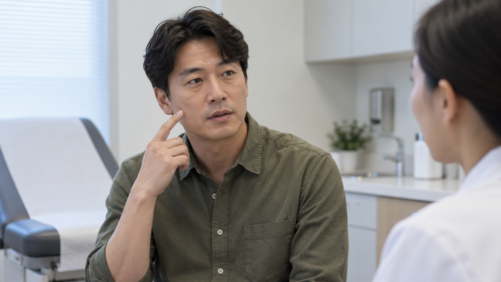 초록색 셔츠의 성인 남성이 볼 위치를 손가락으로 가리키며 맞은편 인물에게 설명하는 모습