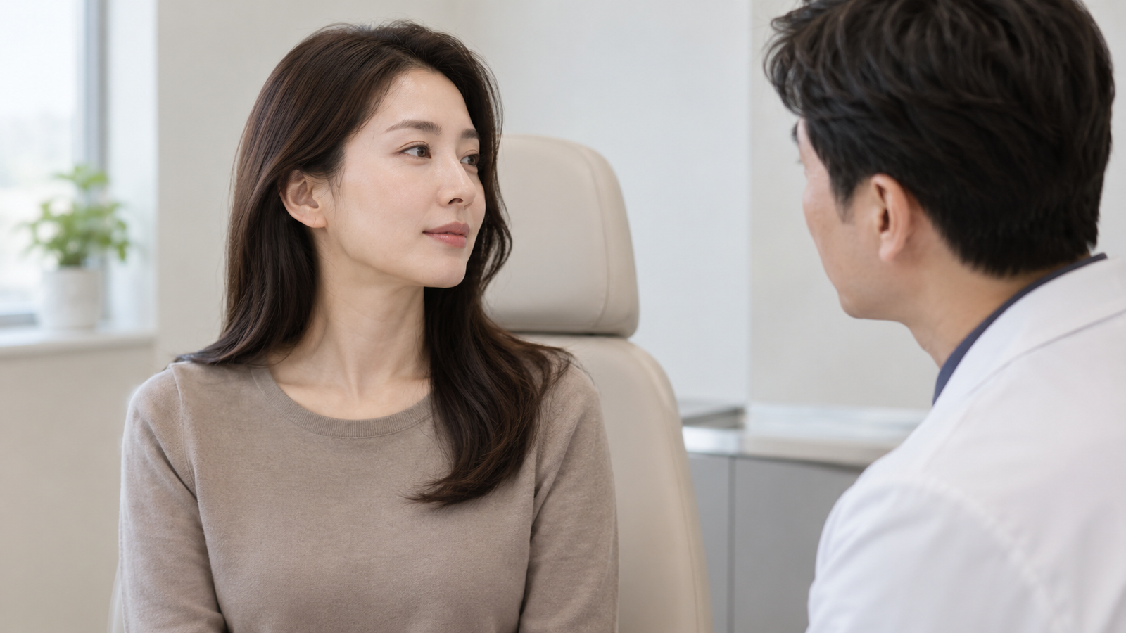 의자에 앉은 성인의 얼굴을 접촉 없이 바라보는 의료진 역할의 인물