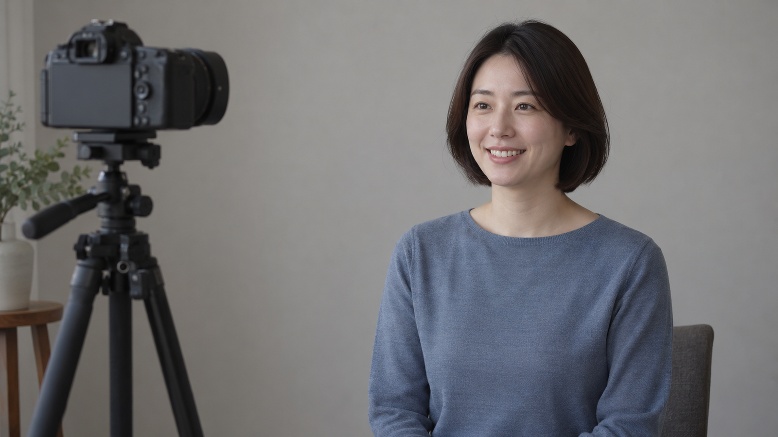 삼각대에 고정된 카메라를 향해 웃는 표정을 짓는 여성